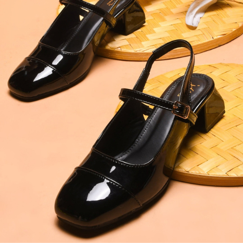 Slingback Glossy block Heels With Buckle (Black)