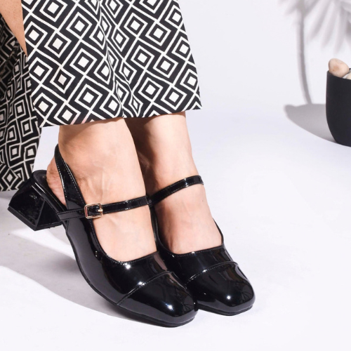 Slingback Glossy block Heels With Buckle (Black)