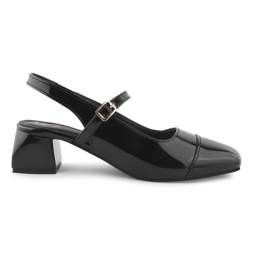 Slingback Glossy block Heels With Buckle (Black)