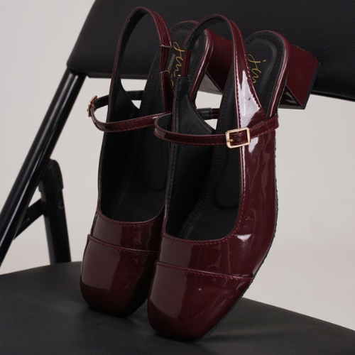 Slingback Glossy block Heels With Buckle (Cherry)