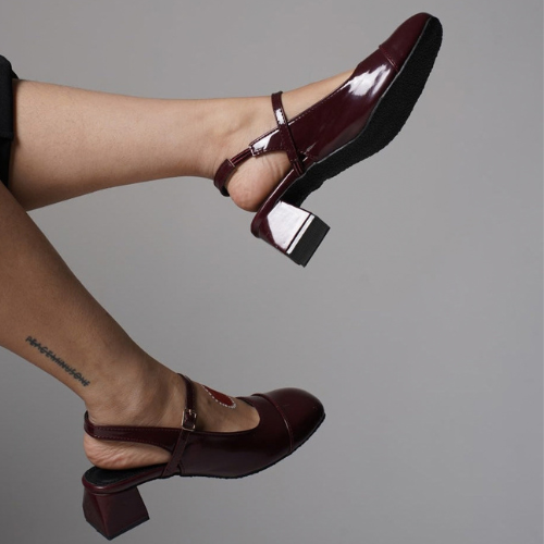 Slingback Glossy block Heels With Buckle (Cherry)