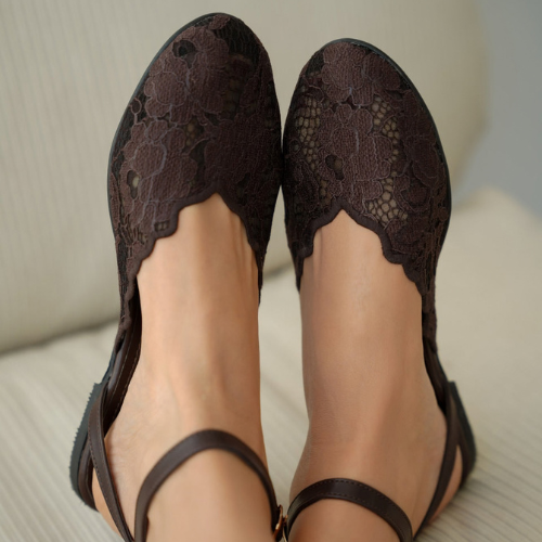 Odette Flat Sole Lace Detail Ankle Strap Buckle (Brown)