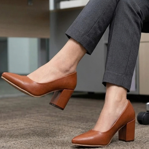 Brown Pointed-Toe Block Heel Pumps