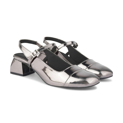 Slingback Glossy block Heels With Buckle (Grey)