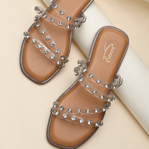 Women Transparent Diamante Studded Vinyl Flats