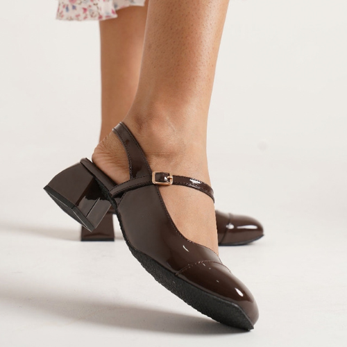 Slingback Glossy block Heels With Buckle (Brown)