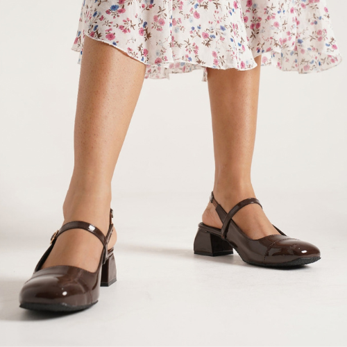 Slingback Glossy block Heels With Buckle (Brown)