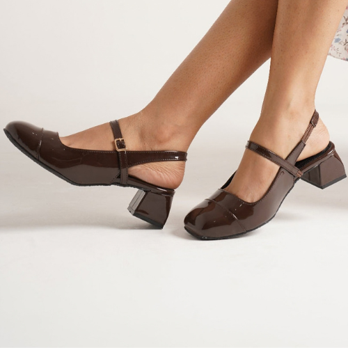 Slingback Glossy block Heels With Buckle (Brown)