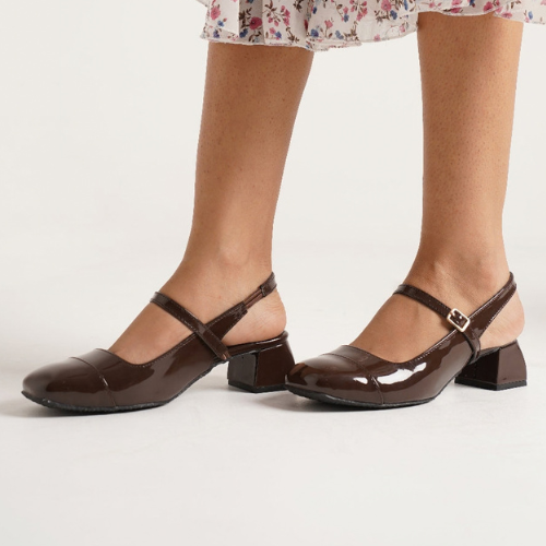 Slingback Glossy block Heels With Buckle (Brown)